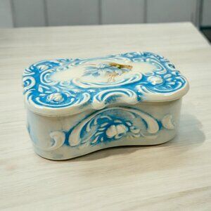 Vintage 1987 Hand Painted Ceramic Trinket or Ring Box Rectangle White Blue Lid